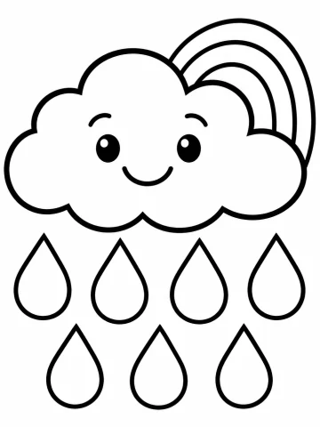 Nube con carita sonriente de la que caen siete gotas de lluvia grandes, con un arcoíris pequeño de tres franjas que asoma por detrás