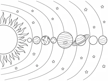 Sistema solar con el Sol a la izquierda y los ocho planetas en fila, de Mercurio a Neptuno, sobre líneas curvas de órbita y entre estrellas pequeñas