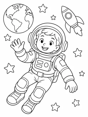 Astronauta sonriente con traje espacial y casco redondo que flota y saluda con la mano abierta, con la Tierra, un cohete y estrellas alrededor