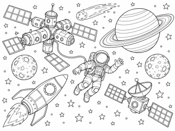 Estación espacial con paneles solares, un astronauta unido a ella por un cable, un cohete, un satélite con antena, un planeta con anillos, dos lunas con cráteres, un cometa y muchas estrellas