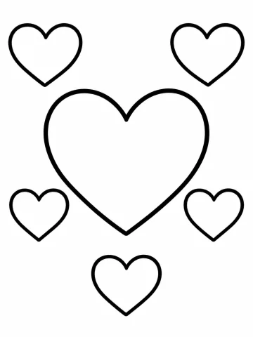 Un corazón grande en el centro de la hoja, rodeado de cinco corazones pequeños: dos arriba, dos a los lados y uno abajo