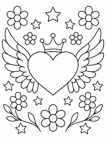 Corazón con dos alas de plumas y una corona de tres puntas encima, rodeado de siete flores de seis pétalos y nueve estrellas