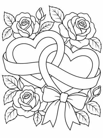 Dos corazones entrelazados y envueltos por una cinta ancha que termina en un lazo, rodeados de tres rosas abiertas, dos capullos y hojas dentadas