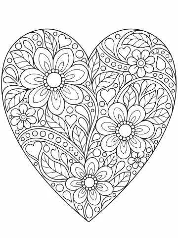 Corazón grande relleno de dibujos menudos: tres flores grandes y tres pequeñas, hojas con nervios, gotas, círculos, bandas de puntos y corazones diminutos