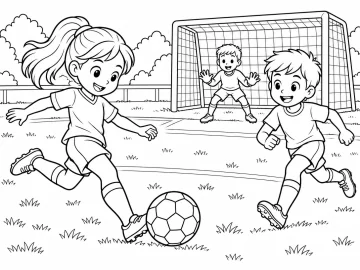 Partido de fútbol entre tres niños: una niña con coleta que corre a chutar el balón, un niño que hace de portero con las manos abiertas bajo la portería y otro niño que llega corriendo