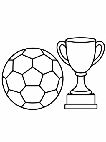 Balón de fútbol con su dibujo de pentágonos y hexágonos, junto a una copa de trofeo con dos asas sobre una base rectangular