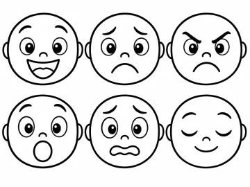 Seis caras redondas en dos filas de tres, cada una con un gesto: alegría, tristeza, enfado, sorpresa, miedo y calma