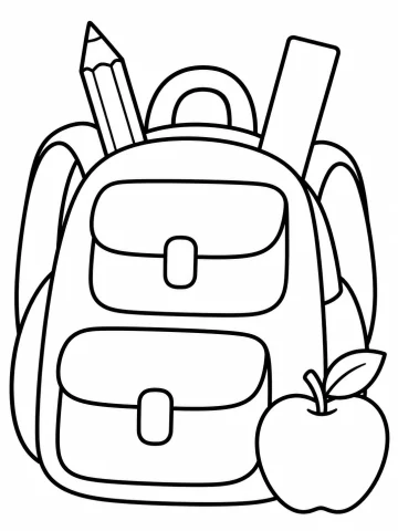 Mochila escolar con asa, dos tirantes y dos bolsillos con cierre, de la que asoman un lápiz y una regla sin números, junto a una manzana con su hoja