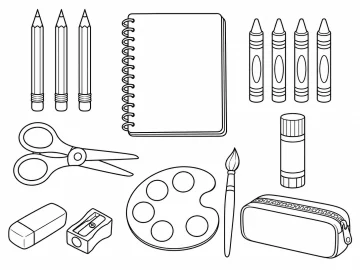 Útiles escolares ordenados: tres lápices, un cuaderno de espiral, cuatro crayones, tijeras, una barra de pegamento, una goma, un sacapuntas, una paleta con pincel y un estuche con cremallera