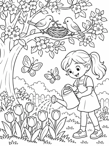 Niña con coleta que riega tulipanes con una regadera bajo un árbol en flor, donde dos pájaros hacen su nido; dos mariposas, una valla y flores