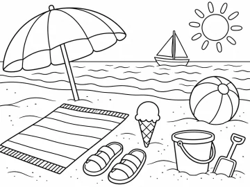 Playa en verano con una sombrilla, una toalla de rayas, unas sandalias, un helado de cucurucho, una pelota hinchable, un cubo con su pala, el sol y un velero en el mar