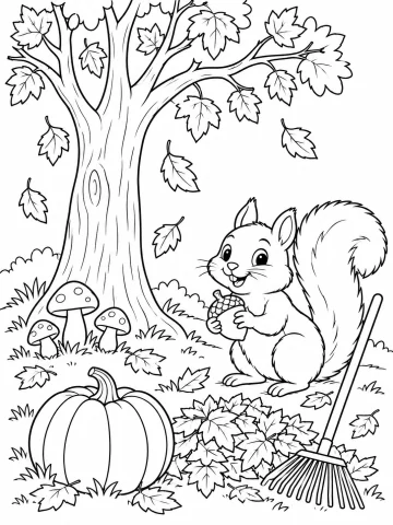 Escena de otoño con una ardilla que sujeta una bellota, un árbol que pierde las hojas, tres setas con lunares, una calabaza, un rastrillo y un montón de hojas
