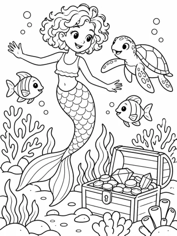 Sirena de pelo corto y rizado que nada con los brazos abiertos entre dos peces rayados y una tortuga marina, sobre un fondo de corales, algas y un cofre abierto con monedas y gemas