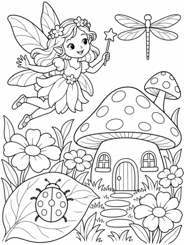Hada con corona de flores y una varita con estrella que vuela hacia una casita hecha en una seta de lunares, con una libélula en el aire, una mariquita de siete lunares sobre una hoja y flores