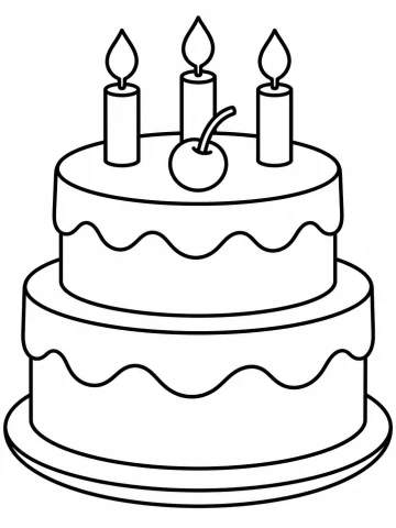 Pastel de cumpleaños de dos pisos sobre un plato, con el glaseado cayendo en ondas, tres velas encendidas y una cereza con rabito en lo alto
