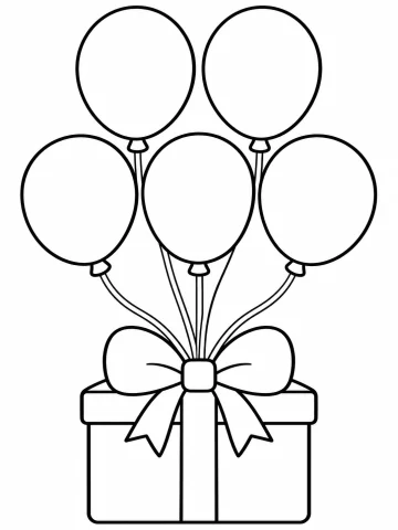 Cinco globos ovalados, dos arriba y tres debajo, sujetos con cintas al lazo grande de una caja de regalo con tapa