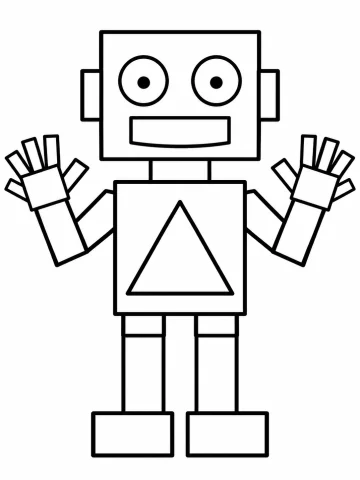 Robot hecho con figuras geométricas: cabeza cuadrada con dos ojos circulares, orejas rectangulares, cuerpo cuadrado con un triángulo en el centro y brazos, piernas y pies rectangulares