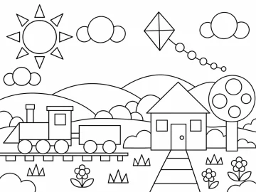 Paisaje hecho con figuras geométricas: un tren de rectángulos y ruedas circulares, una casa de tejado triangular, un árbol de copa redonda, un sol de rayos triangulares y una cometa que es un rombo