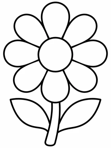Flor grande de ocho pétalos redondeados alrededor de un centro circular, con un tallo ancho y dos hojas