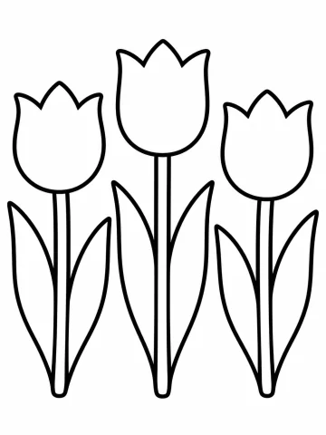 Tres tulipanes de contorno grueso, el del centro más alto, cada uno con su tallo recto y dos hojas largas