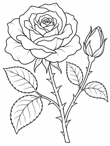 Rosa abierta de pétalos en capas sobre un tallo con espinas, con cuatro hojas de borde dentado y un capullo cerrado a la derecha