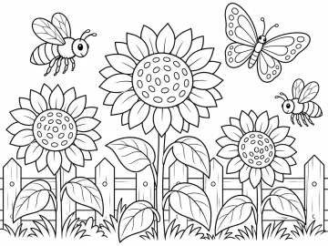 Tres girasoles de distinta altura delante de una valla de madera, con hojas grandes, dos abejas y una mariposa que vuelan alrededor