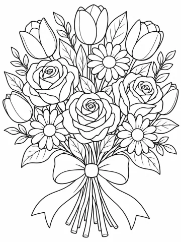 Ramo de flores con tres rosas en el centro, tulipanes arriba y a los lados, tres margaritas y hojas, atado con un lazo grande del que salen los tallos