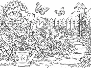 Jardín lleno de rosas, tulipanes, margaritas, azucenas y campanillas, con una regadera decorada, un camino de losas, una valla, una casita para pájaros y dos mariposas