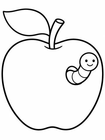Manzana grande con rabillo y una hoja, de cuyo lado derecho asoma un gusanito sonriente de cabeza redonda