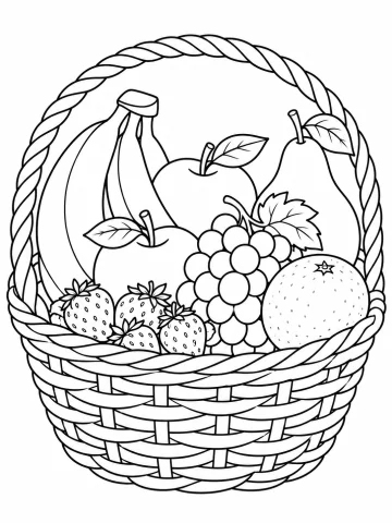 Cesta de mimbre con asa trenzada, llena de frutas: un racimo de plátanos, dos manzanas, un racimo de uvas, una pera, una naranja y cuatro fresas