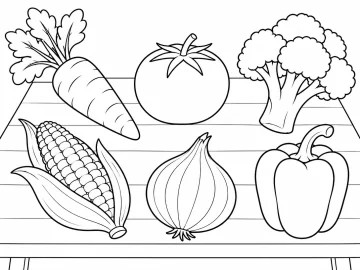 Seis verduras separadas sobre una mesa de tablas: una zanahoria con hojas, un tomate, un brócoli, una mazorca de maíz, una cebolla y un pimiento