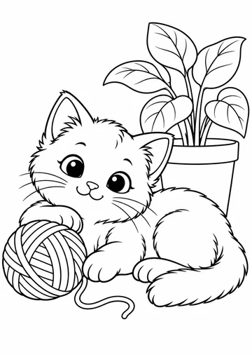 Un gatito tumbado, de pelo largo y esponjoso, con bigotes largos. Una pata delantera apoyada en un ovillo de lana, con la hebra suelta por el suelo