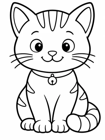 Gatito atigrado sentado de frente, con rayas en la frente, los costados y la cola, bigotes largos y un collar del que cuelga un cascabel