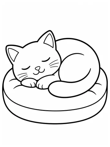 Gato dormido y hecho un ovillo sobre un cojín redondo, con los ojos cerrados, las patas de delante bajo la barbilla y la cola recogida