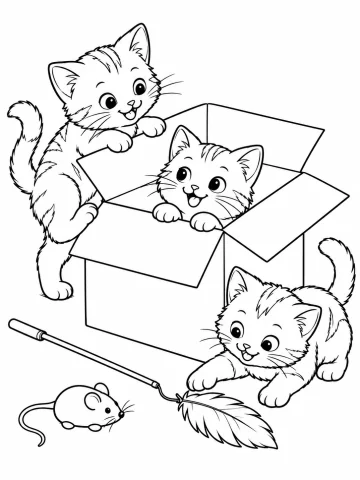 Tres gatitos rayados juegan con una caja de cartón: uno asoma dentro, otro trepa por un lado y el tercero persigue la pluma de una varita; hay un ratón de juguete
