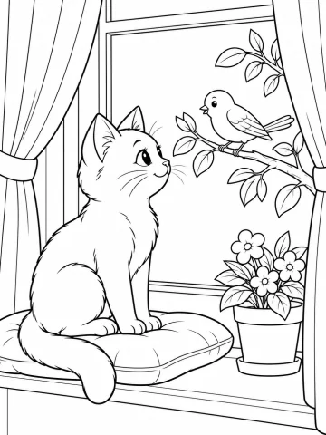 Gato sentado sobre un cojín en el alféizar de una ventana que mira a un pájaro posado en una rama, entre cortinas recogidas y junto a una maceta con flores