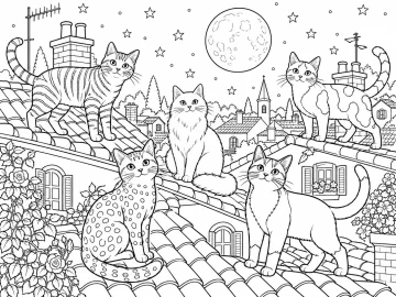 Cinco gatos distintos, uno rayado, uno de pelo largo, uno con manchas, uno con lunares y uno bicolor, sobre tejados de teja bajo la luna llena y las estrellas