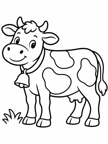 Vaca sonriente de pie, con tres manchas grandes en el cuerpo, cuernos cortos, un cencerro colgado del cuello y una mata de hierba a sus pies
