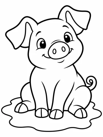 Cerdito sonriente sentado en un charco de barro, con las orejas grandes, el hocico redondo y la cola enroscada en espiral