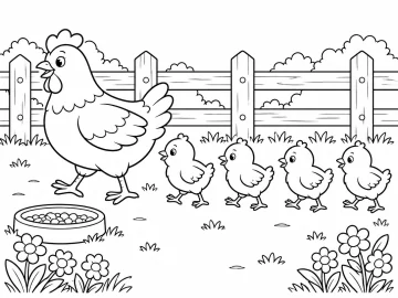 Gallina que camina seguida de cuatro pollitos en fila por un corral con una valla de madera, un comedero con grano y flores