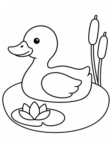 Pato que nada de perfil en un estanque ovalado, con un nenúfar sobre su hoja delante y dos espadañas detrás