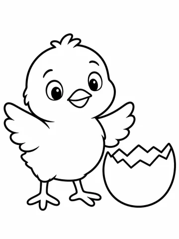 Pollito sonriente de pie, con las alas abiertas y un copete de plumas, junto a medio cascarón de huevo con el borde roto en zigzag