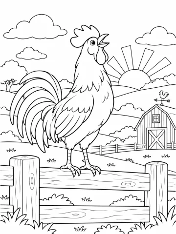 Gallo que canta con el pico abierto subido a una valla de madera, con el sol saliendo tras las colinas, un granero con veleta y nubes