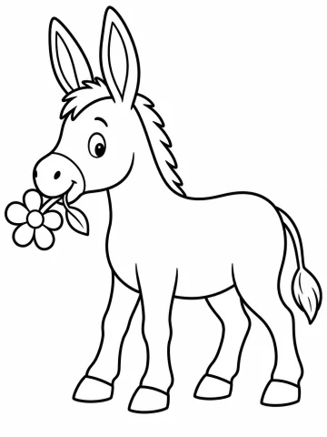 Burro sonriente de pie y de perfil, con las orejas muy largas y tiesas, la crin corta y una flor de cinco pétalos sujeta con la boca