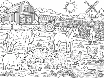 Granja con granero, tractor y molino de viento: una vaca, un caballo, un cerdo, dos ovejas, tres gallinas, un pato en el estanque y un espantapájaros en el maizal