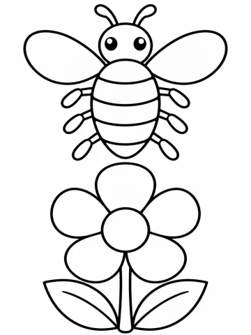 Abeja vista desde arriba, con dos ojos grandes, dos antenas, dos alas redondeadas, el cuerpo a rayas y seis patas, tres a cada lado, sobre una flor grande de cinco pétalos con tallo y dos hojas