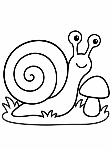 Caracol sonriente con la concha en espiral y los ojos en la punta de dos tentáculos largos, sobre la hierba, junto a una seta de sombrero redondo
