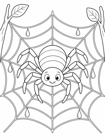 Araña sonriente de ocho patas y abdomen a rayas en el centro de una telaraña tendida entre dos ramas con hojas, con seis gotas de rocío
