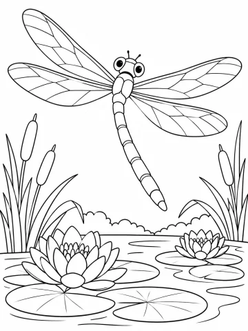Libélula de cuatro alas con nervios, ojos grandes y abdomen largo en anillos, que vuela sobre un estanque con dos nenúfares en flor, hojas flotantes y espadañas