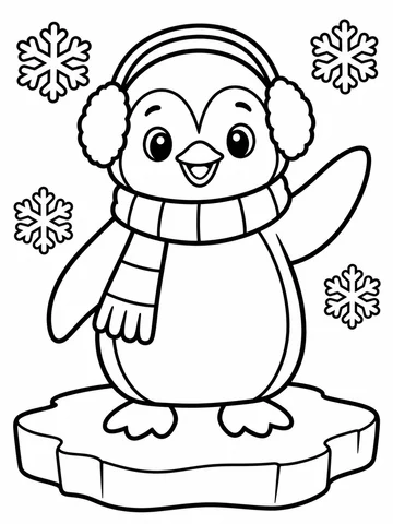Un pingüino de pie y de frente, con la cara en forma de corazón y el pico pequeño. Unas orejeras esponjosas unidas por una diadema